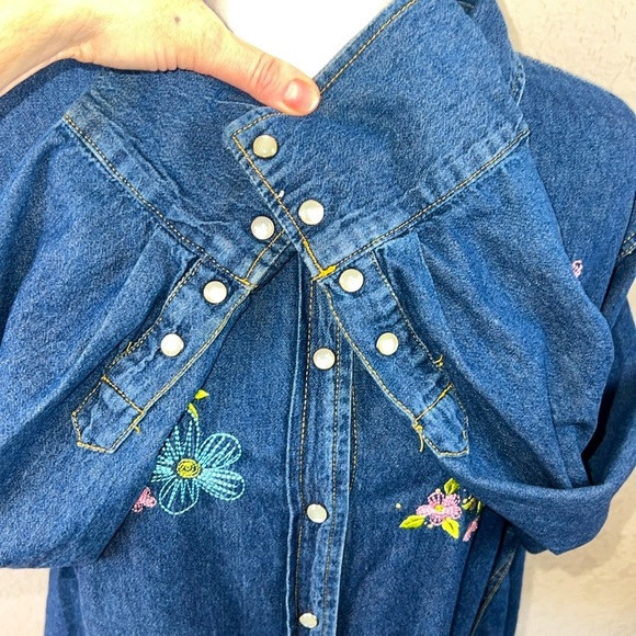 Disney Vintage Tinker Bell Pearl Snap Denim Button Down Collard Shirt - Picture 6 of 8